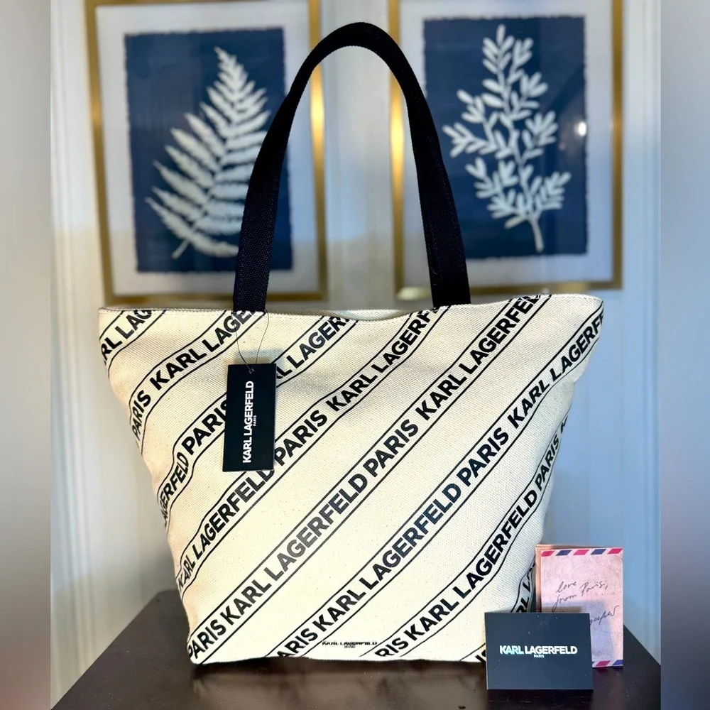 Karl Lagerfeld Paris Logo Canvas Tote Bag Designer Shopper NWT - Picture 1 of 1